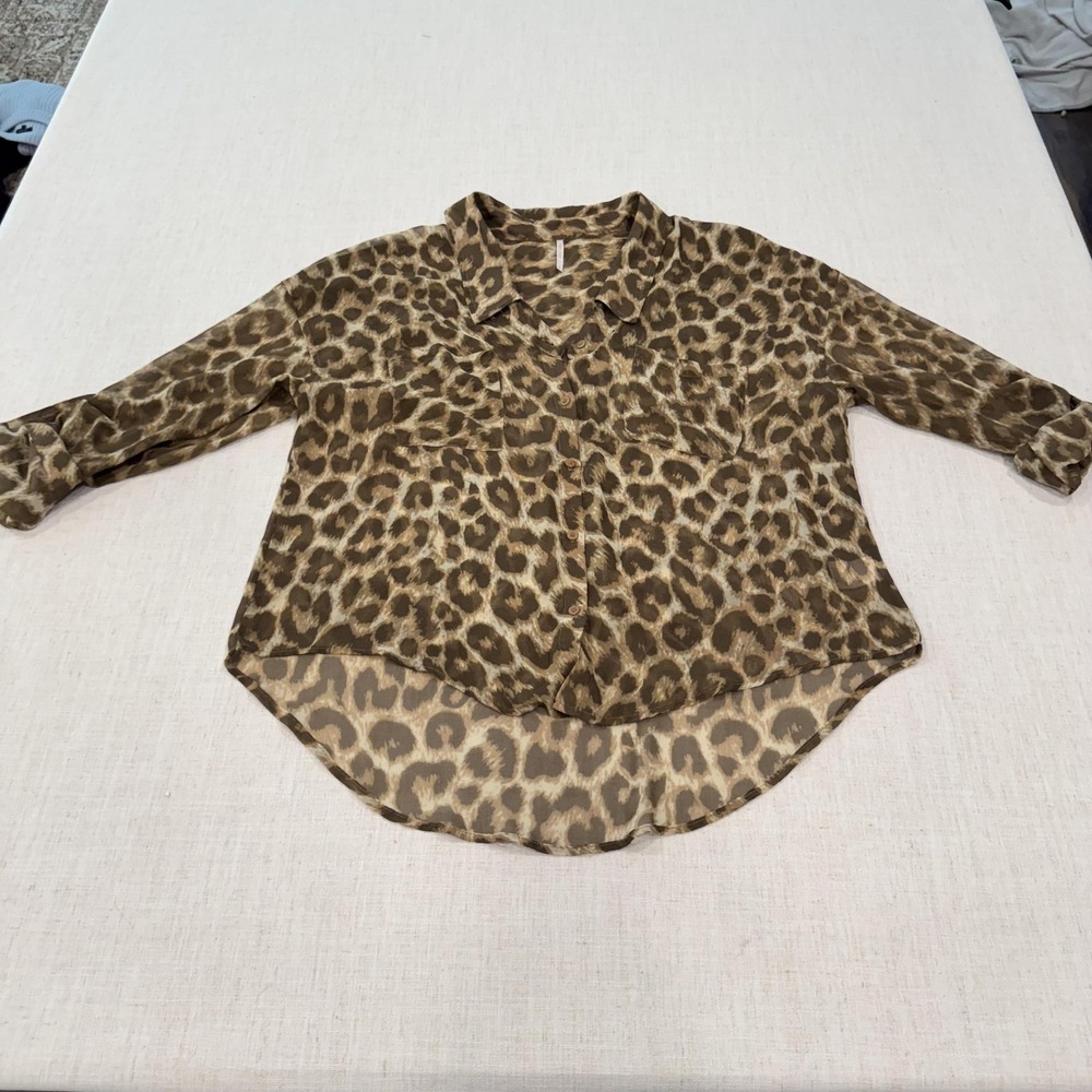 Free People Womens Small Leopard Print Roll Tab Sheer Button Down V Neck